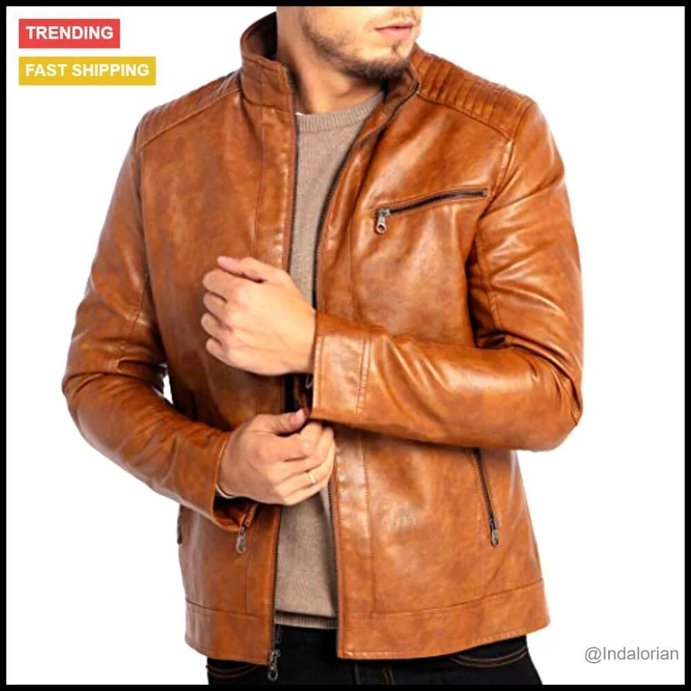 Stand Collar Faux Leather Motorcycle Jacket Lightweight Slim Fit Classic